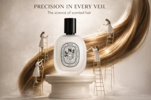 30ml Diptyque Eau Des Sens Hair Mist bottle with its classic oval label on a clean vanity surface.