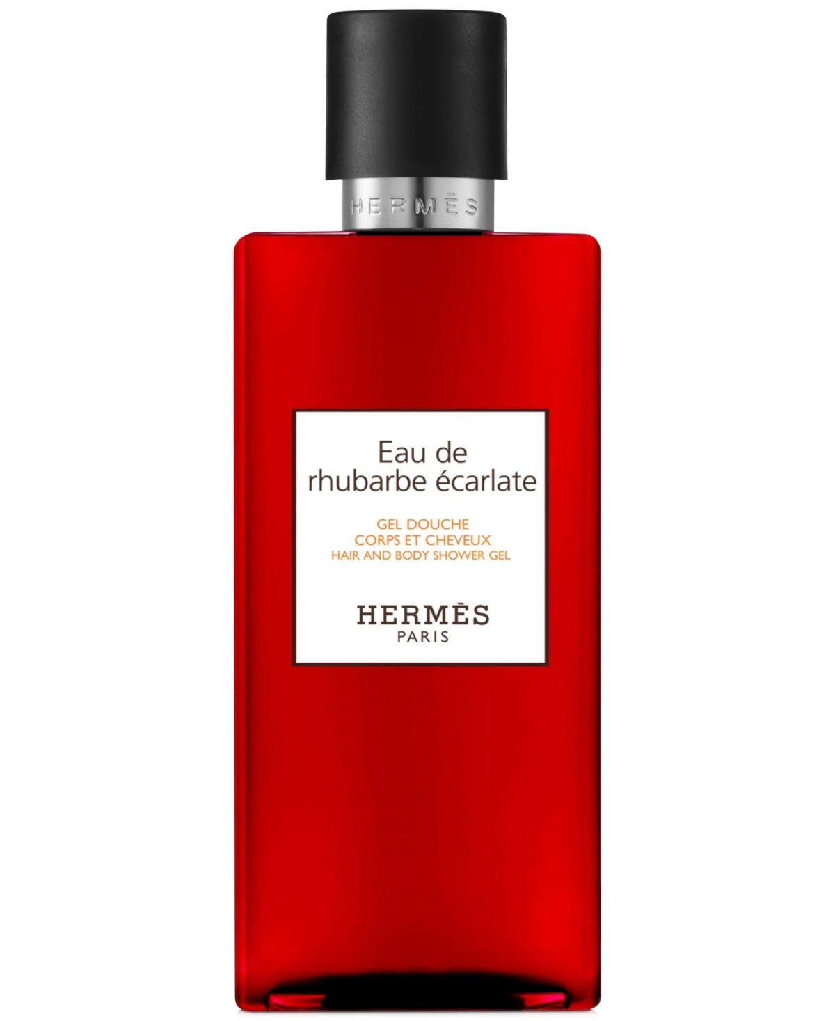 The vibrant scarlet bottle of Hermès Eau de Rhubarbe Écarlate Shower Gel