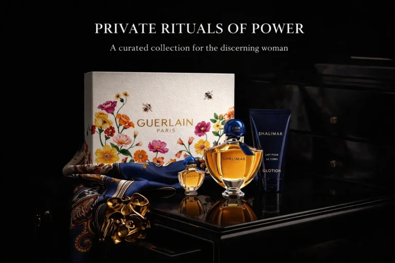 Guerlain Shalimar gift set with a full-size perfume bottle, travel mini, and lotion in a box.