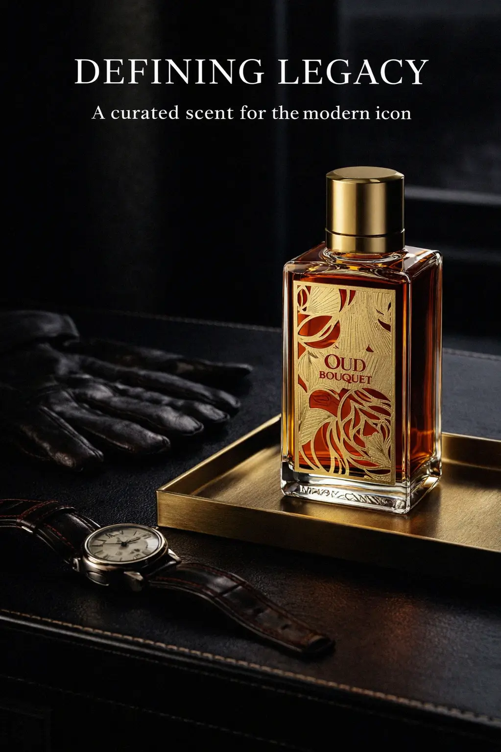 Luxurious gold accents of Oud Bouquet bottle