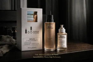 Two glass perfume bottles with white labels on a clean surface, one large refill and one smaller spray.