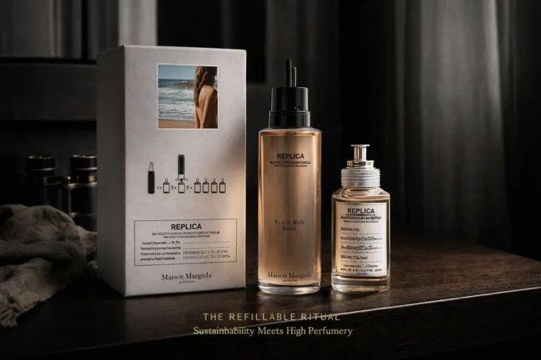 Two glass perfume bottles with white labels on a clean surface, one large refill and one smaller spray.