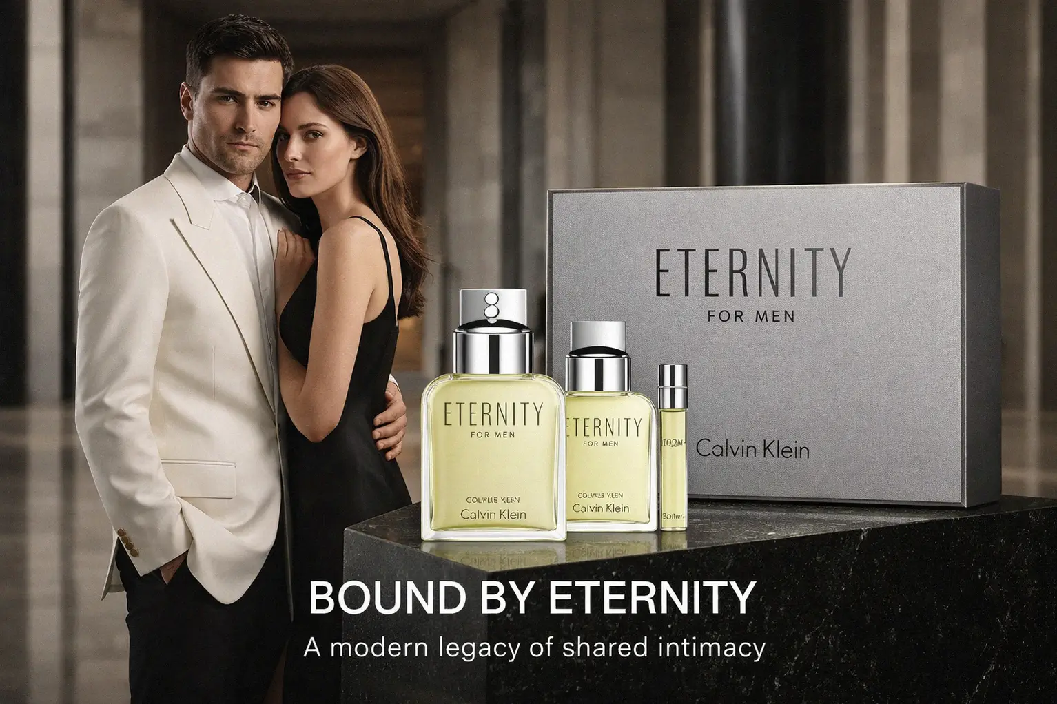 Three Calvin Klein Eternity for Men glass bottles in different sizes with silver caps on a clean background.