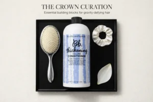 Bumble and bumble Bb. Thickening Volume Conditioner bottle sits elegantly on a marble bathroom shelf.