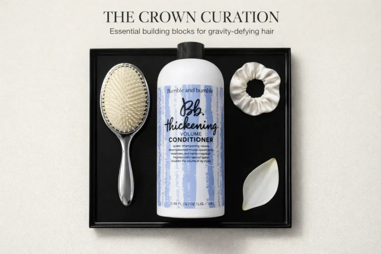 Bumble and bumble Bb. Thickening Volume Conditioner bottle sits elegantly on a marble bathroom shelf.