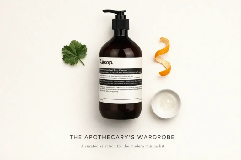 Amber pump bottle of Aesop Geranium Leaf Body Cleanser on a marble bathroom counter.