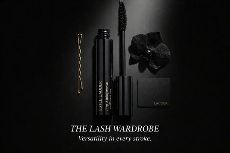 Estée Lauder Little Black Primer tube with a precise thin brush on a clean beauty vanity.