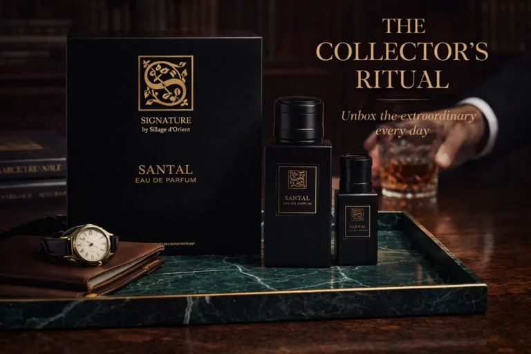 Two gold-capped glass perfume bottles of different sizes in an elegant dark gift box.