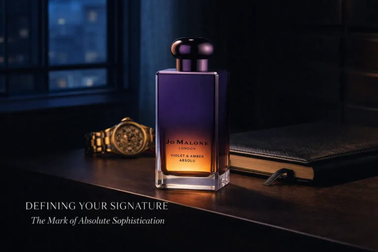 A tall clear glass bottle of Jo Malone London Violet & Amber Absolu perfume on a minimalist vanity.