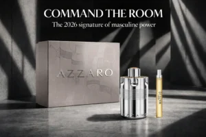 Silver and gold cylindrical Azzaro Wanted perfume bottle next to a matching small travel spray.