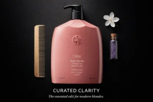 Large bottle of Oribe Bright Blonde Conditioner in violet packaging for professional hair care.