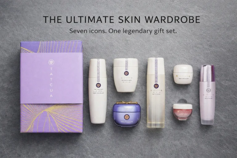 The 7-piece Tatcha Luxury Kiri skincare set arranged on a clean vanity with elegant purple and white jars.