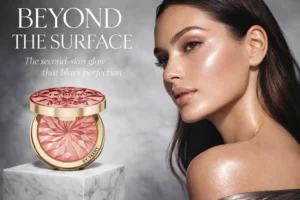 A sleek silver compact open to reveal a pressed gel-to-powder highlighter with a shimmering pearlescent surface.