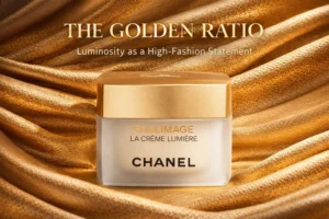 Elegant gold and black CHANEL Sublimage La Creme Lumiere jar on a white marble surface with soft lighting.