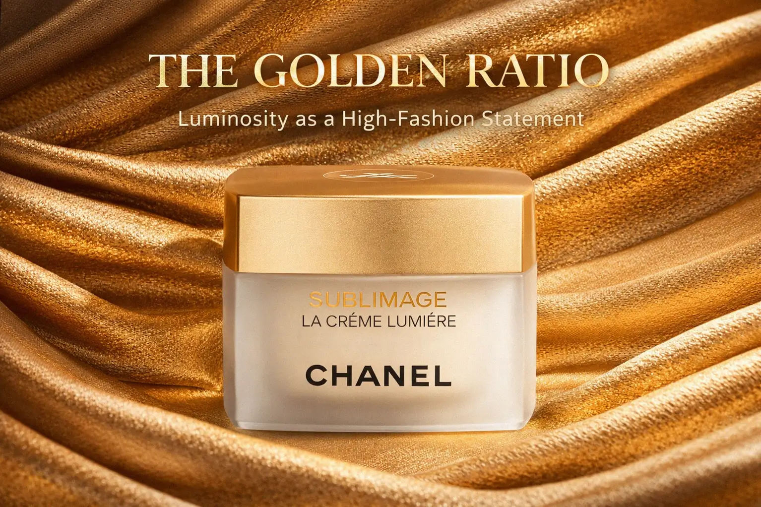 Elegant gold and black CHANEL Sublimage La Creme Lumiere jar on a white marble surface with soft lighting.