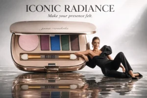 Jane Iredale Let's Party eye shadow kit in a mirrored rose gold compact with five mineral shades.