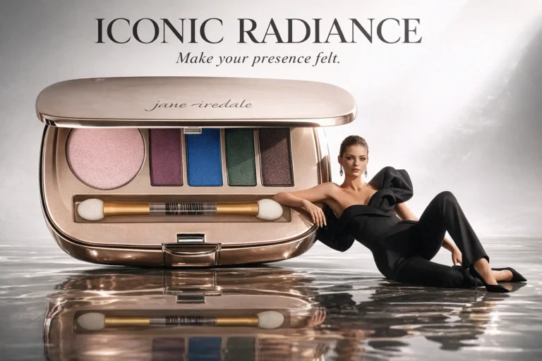Jane Iredale Let's Party eye shadow kit in a mirrored rose gold compact with five mineral shades.