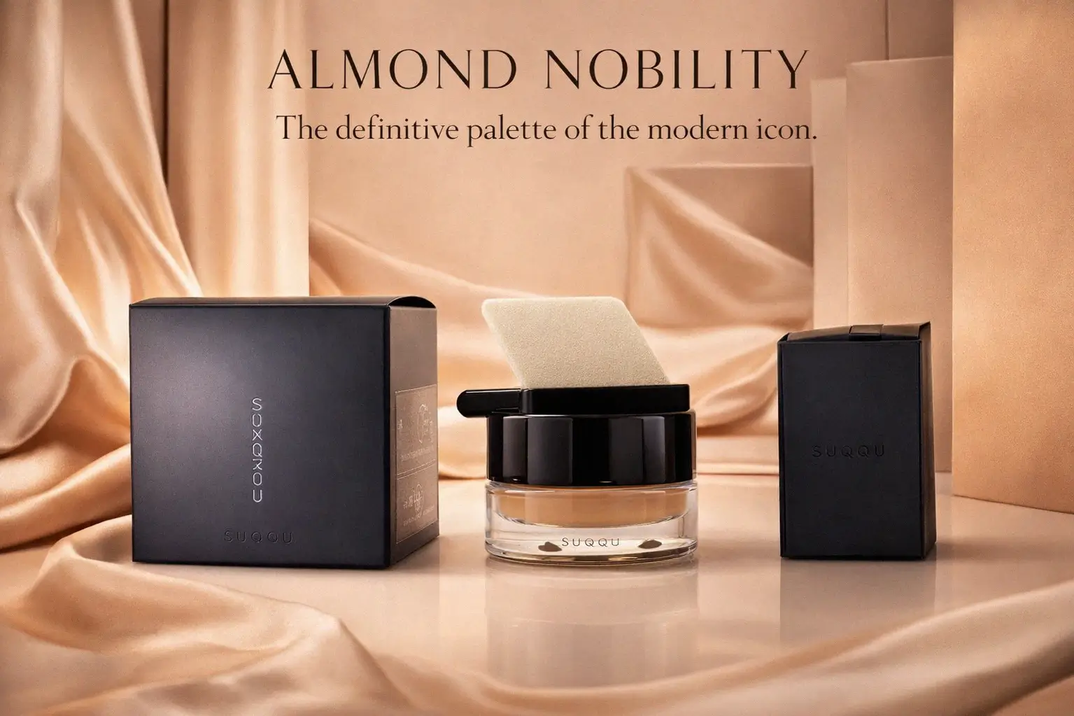 Suqqu Foundation bottle displayed on a clean vanity, highlighting the sleek luxury packaging.