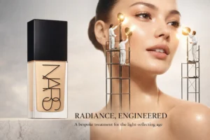 A glass bottle of NARS Light Reflecting Foundation standing upright on a minimalist vanity.