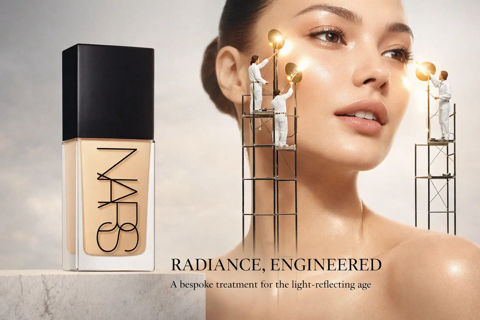 A glass bottle of NARS Light Reflecting Foundation standing upright on a minimalist vanity.