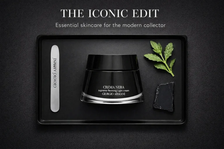 Elegant black glass jar of Giorgio Armani Crema Nera Supreme Light Reviving Cream on a vanity.