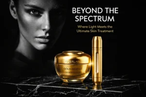 Brushed aluminum and glass Guerlain Orchidée Impériale Gold Nobile skincare bottle on a white marble surface.