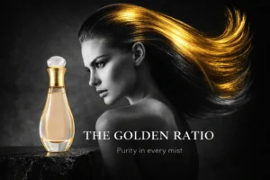 The elegant Christian Dior J'adore Hair Mist amphora-shaped glass bottle sitting on a polished marble vanity shelf.