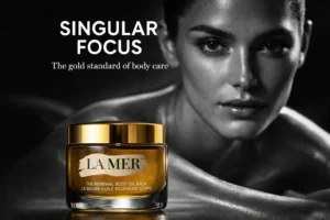 Elegant jar of La Mer The Renewal Oil Body Balm on a marble shelf with soft lighting.