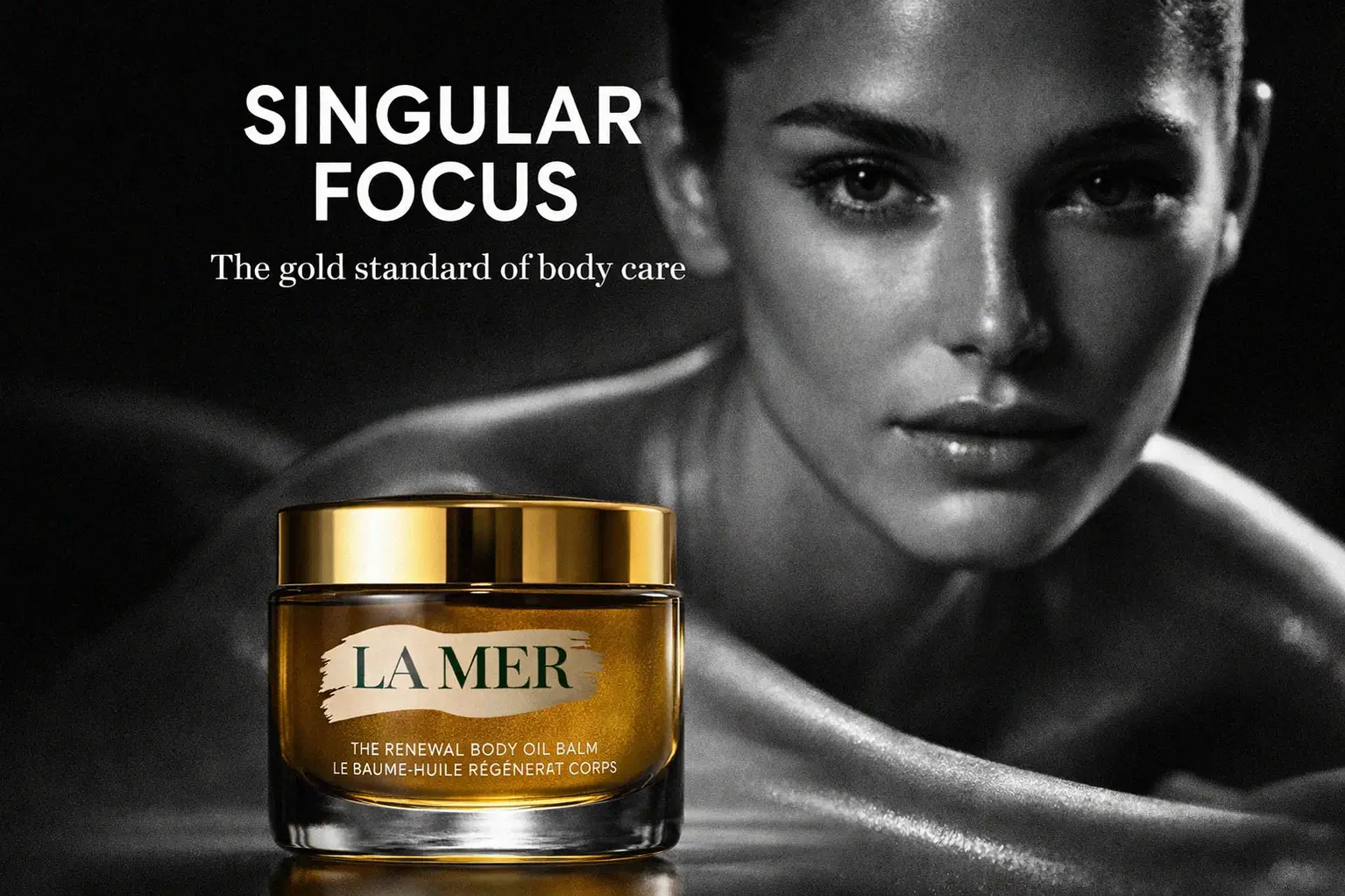 Elegant jar of La Mer The Renewal Oil Body Balm on a marble shelf with soft lighting.