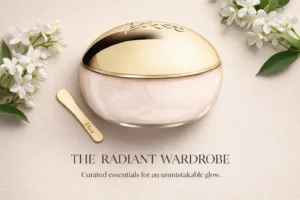 Round glass jar of Dior J'adore Shimmering Scrub with a gold cap on a polished bathroom shelf.