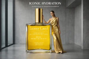 Clear glass spray bottle of Leonor Greyl Huile Secret de Beauté oil showcasing the golden botanical liquid.