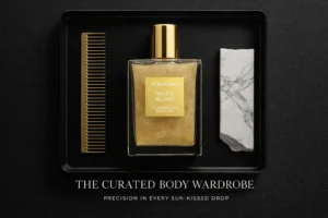 A elegant glass bottle of Tom Ford Soleil Blanc Shimmering Body Oil with visible golden flecks.