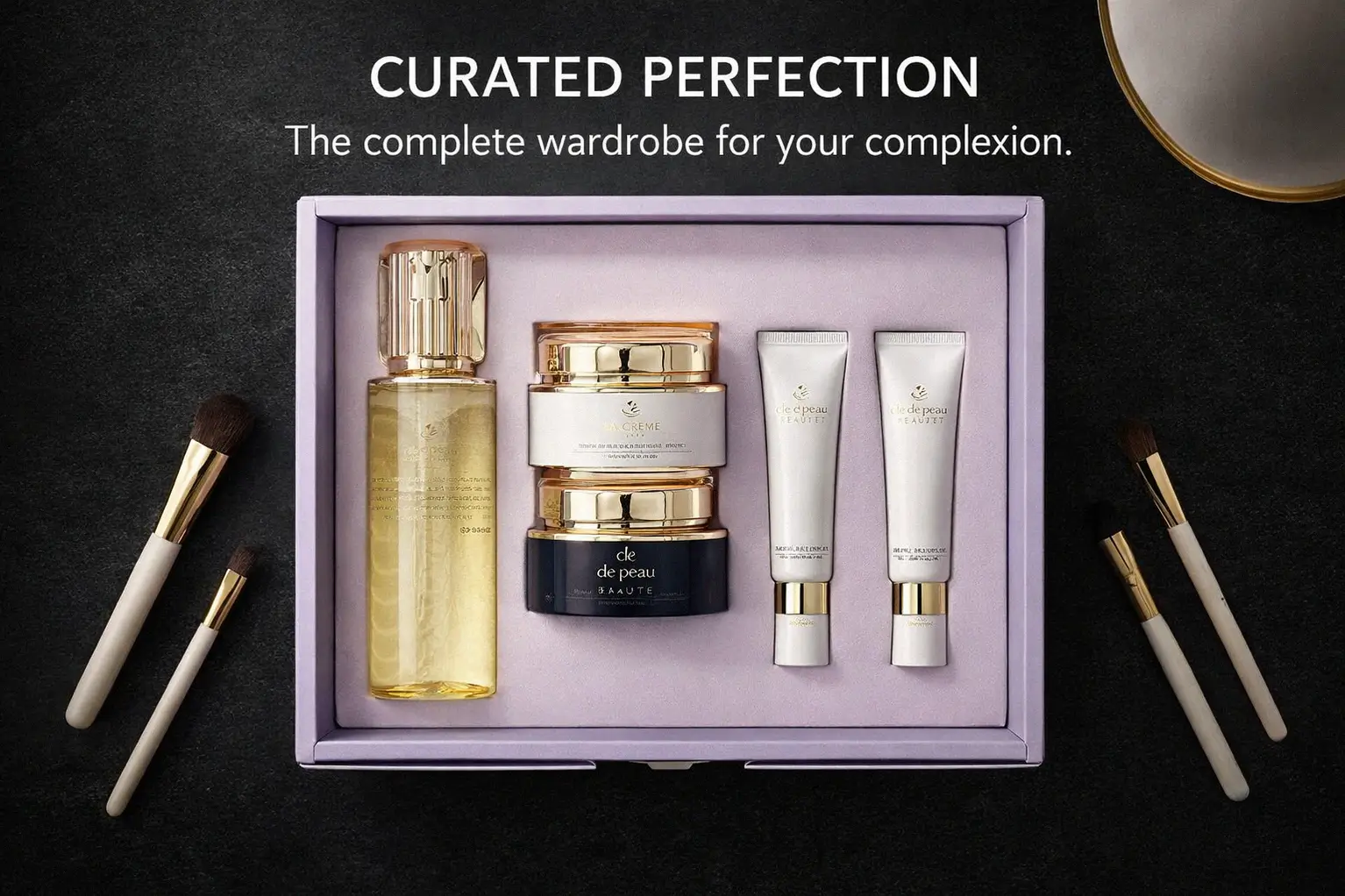 Luxury three-piece skincare set by Clé de Peau Beauté featuring white and gold cream jars and lotion.