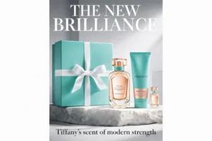 A three-piece Tiffany and Co. Rose Gold perfume gift set featuring two glass bottles and a white lotion tube.