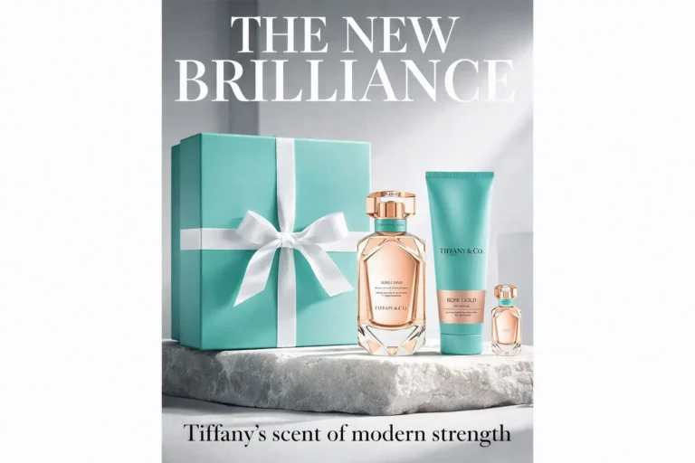 A three-piece Tiffany and Co. Rose Gold perfume gift set featuring two glass bottles and a white lotion tube.