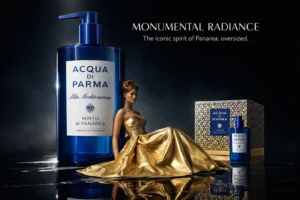 Two blue pump bottles with gold accents next to a patterned gift box on a marble surface.