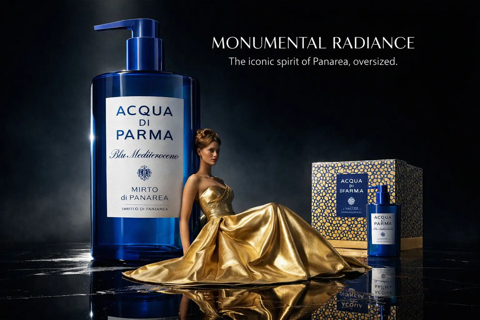 Two blue pump bottles with gold accents next to a patterned gift box on a marble surface.