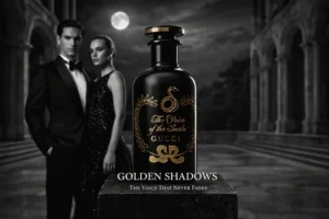 A black lacquered glass bottle of Gucci perfume with a gold snake illustration and gold stopper.