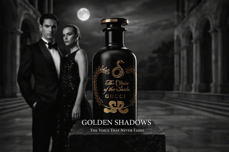A black lacquered glass bottle of Gucci perfume with a gold snake illustration and gold stopper.