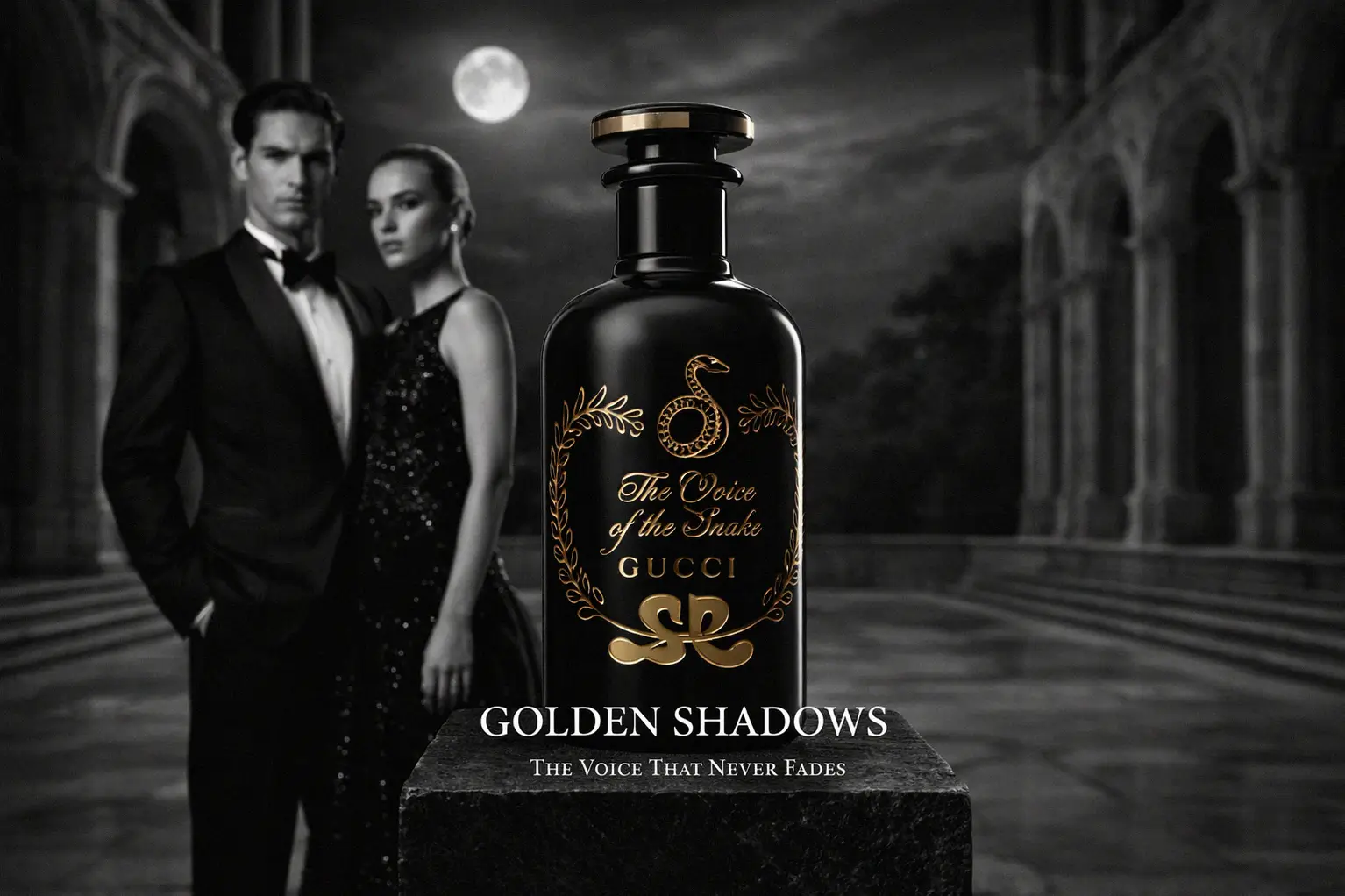 A black lacquered glass bottle of Gucci perfume with a gold snake illustration and gold stopper.