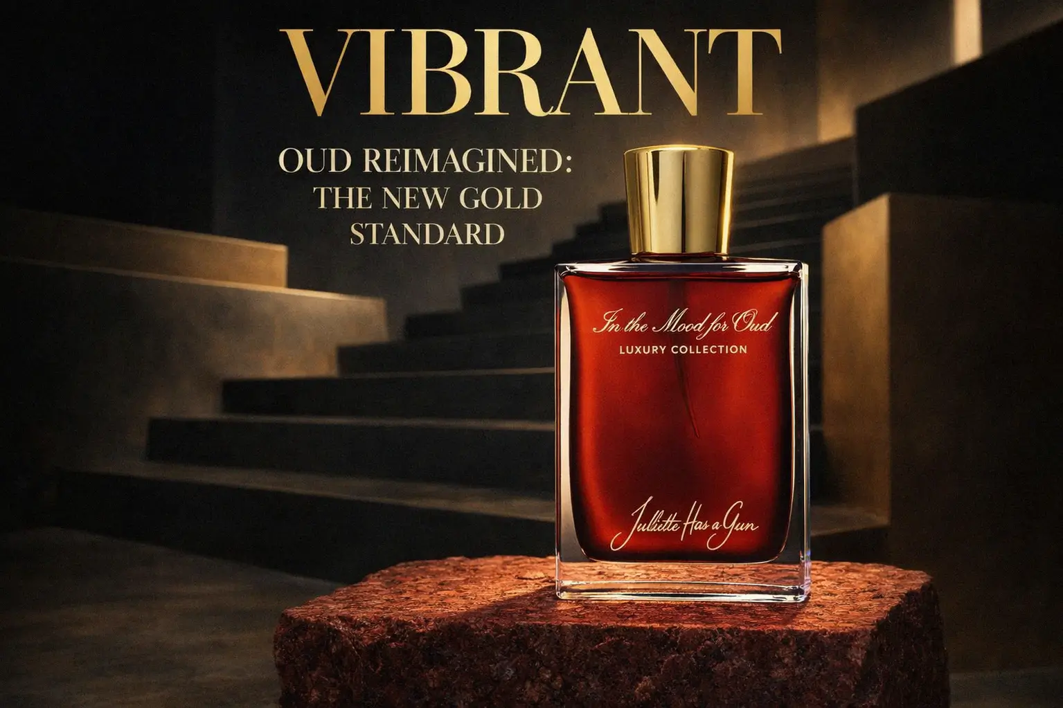 Heavy glass bottle of Juliette Has A Gun In The Mood For Oud perfume on a marble surface.