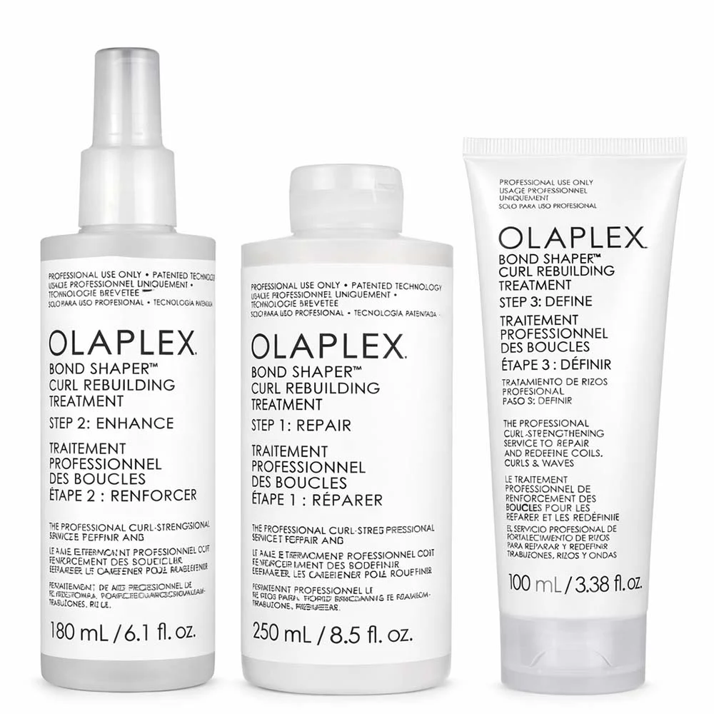 The Olaplex Bond Shaper Curl Rebuilding Treatment Kit on a white background
