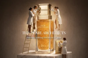 A luxurious glass bottle of Dior Prestige serum featuring gold accents and visible pink micro-pearls inside.