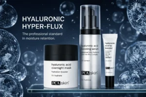 Three PCA Skin blue and white skincare products arranged as a professional hyaluronic acid gift set.