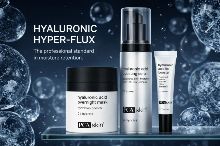 Three PCA Skin blue and white skincare products arranged as a professional hyaluronic acid gift set.
