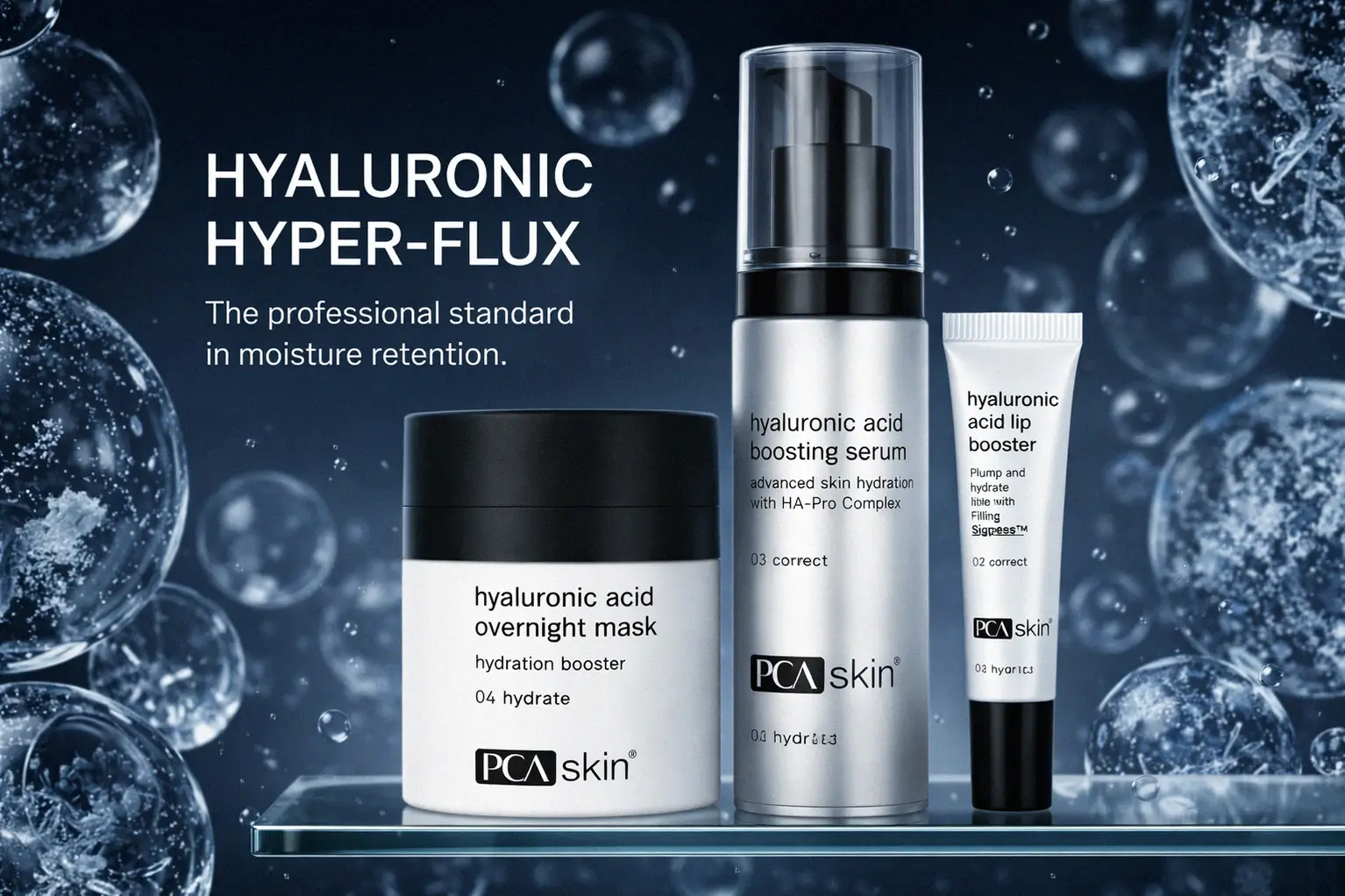 Three PCA Skin blue and white skincare products arranged as a professional hyaluronic acid gift set.