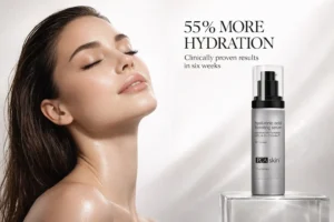 Minimalist blue and white PCA Skin Hyaluronic Acid Boosting Serum bottle on a clean white surface.