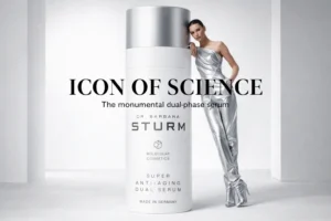 Dr. Barbara Sturm Super Anti-Aging Dual Serum in a clear bottle showing the dual-phase oil and water texture.