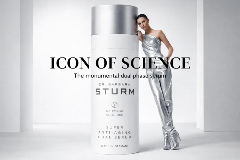 Dr. Barbara Sturm Super Anti-Aging Dual Serum in a clear bottle showing the dual-phase oil and water texture.