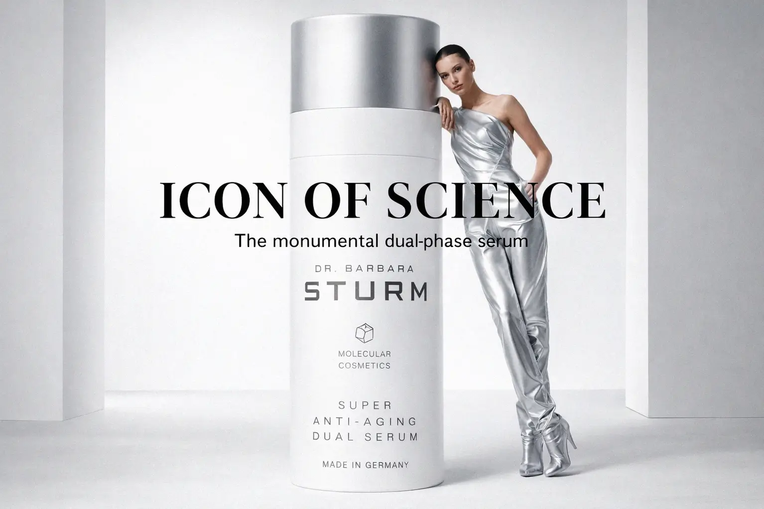 Dr. Barbara Sturm Super Anti-Aging Dual Serum in a clear bottle showing the dual-phase oil and water texture.